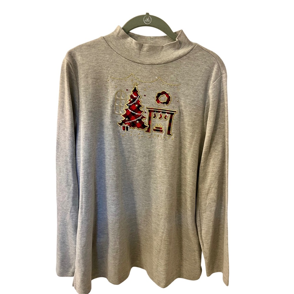 Quacker Factory Size L Christmas Tree Fireplace Mock Neck Top Light Grey NWOT